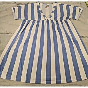 ASOS Cover Up Womens 14 Blue White Striped Short Sleeve VNeck Midi Casual Cotton